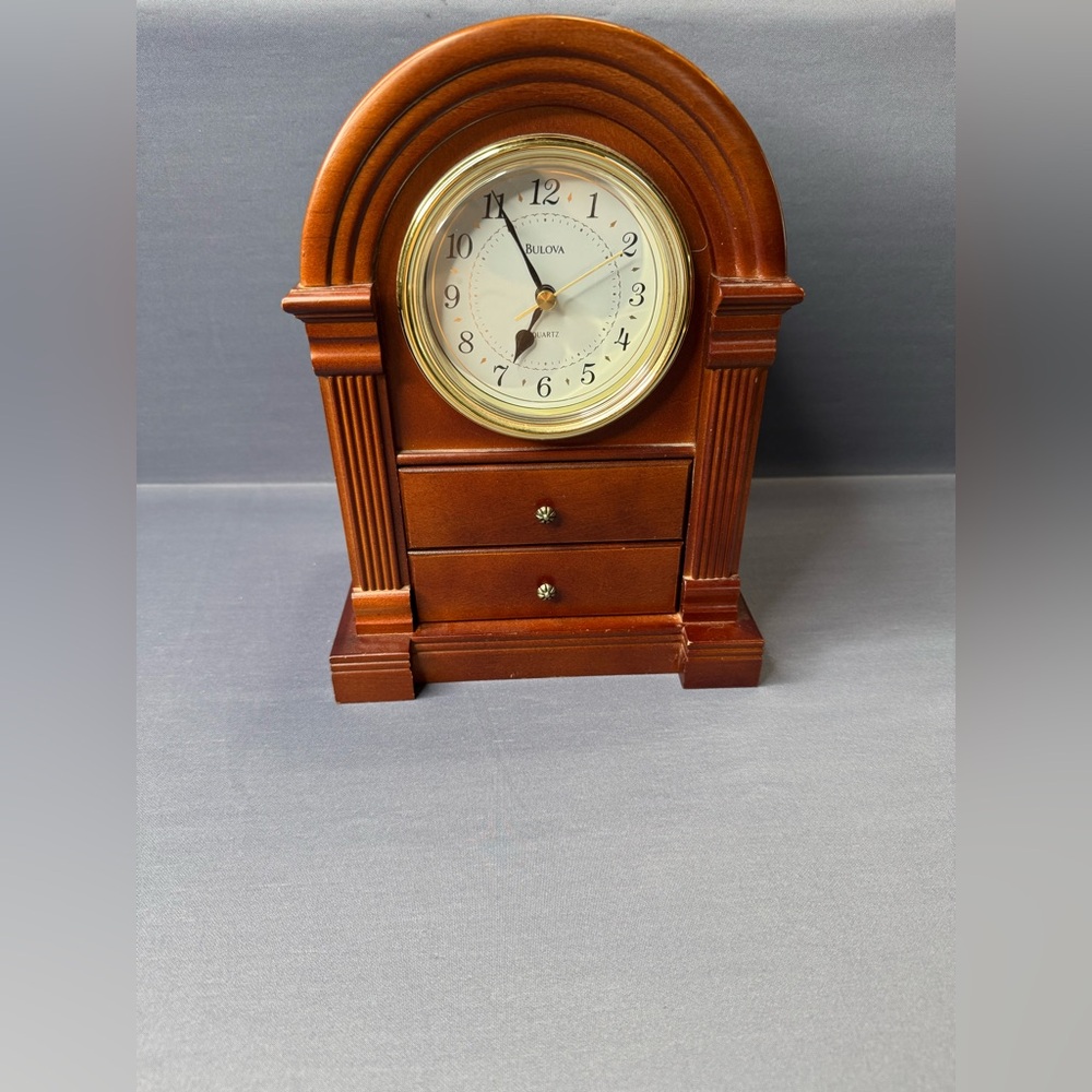 VTG Bulova Quartz Clock Wood 2 Drawers Jewelry Box